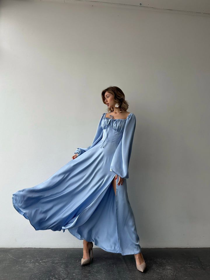 ICe blue silk satin maxi dress with bishop sleeves — full length floor view