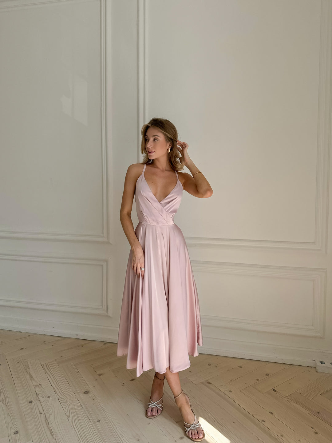 Soft blush pink silk midi dress for bridesmaids or engagement party