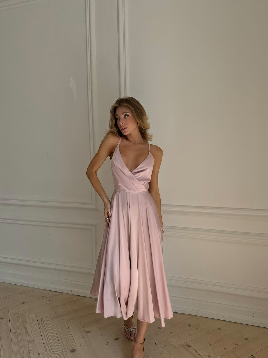 Light pink silk slip dress editorial full length styling shot
