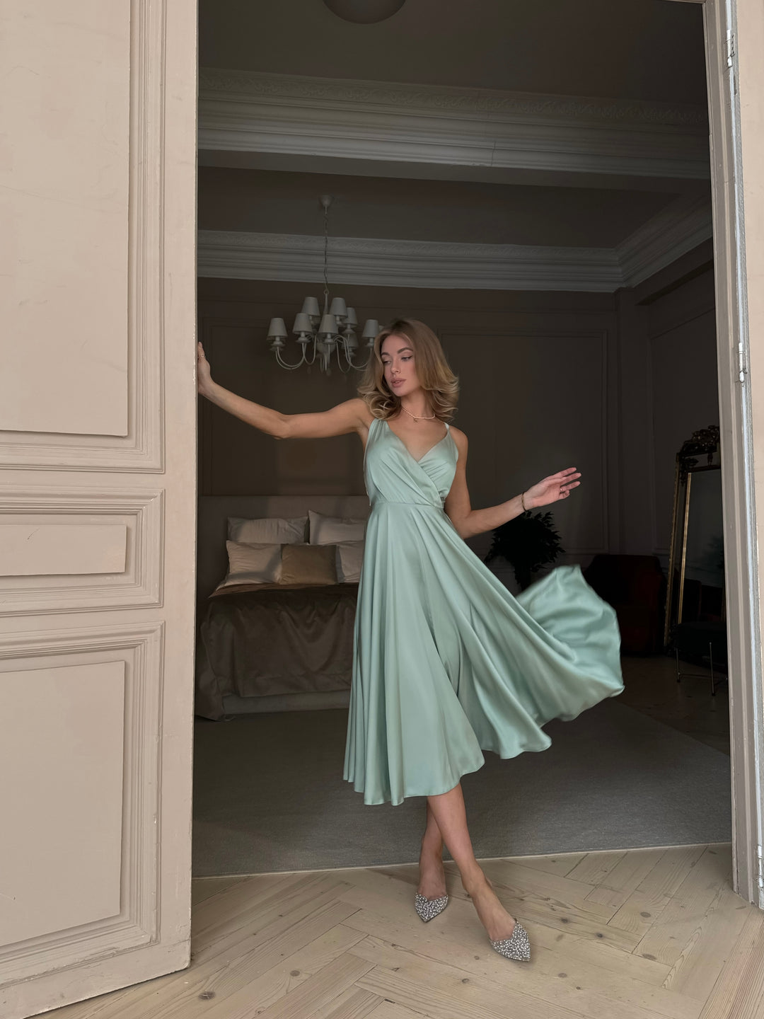 Light sage pistachio silk slip dress for bridesmaids or spring wedding