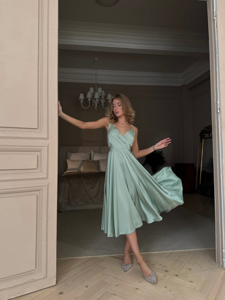 Light sage pistachio silk slip dress for bridesmaids or spring wedding