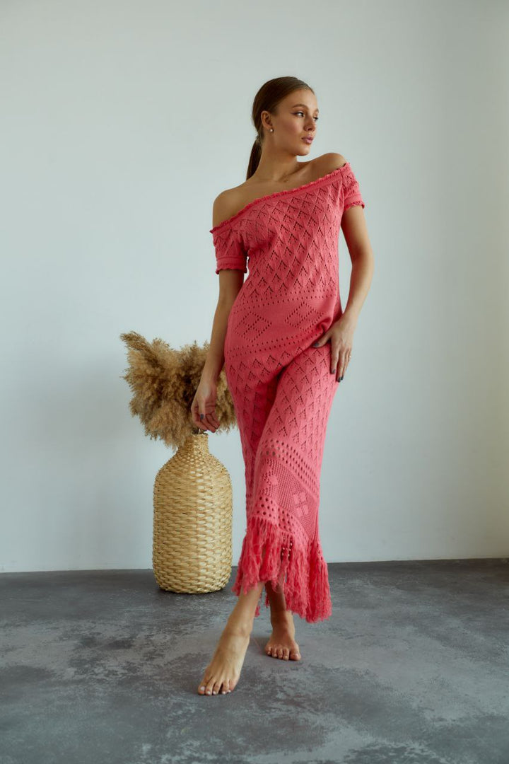 coral pink cotton dress a-line sheath bardot cap short midi for casual everyday front view