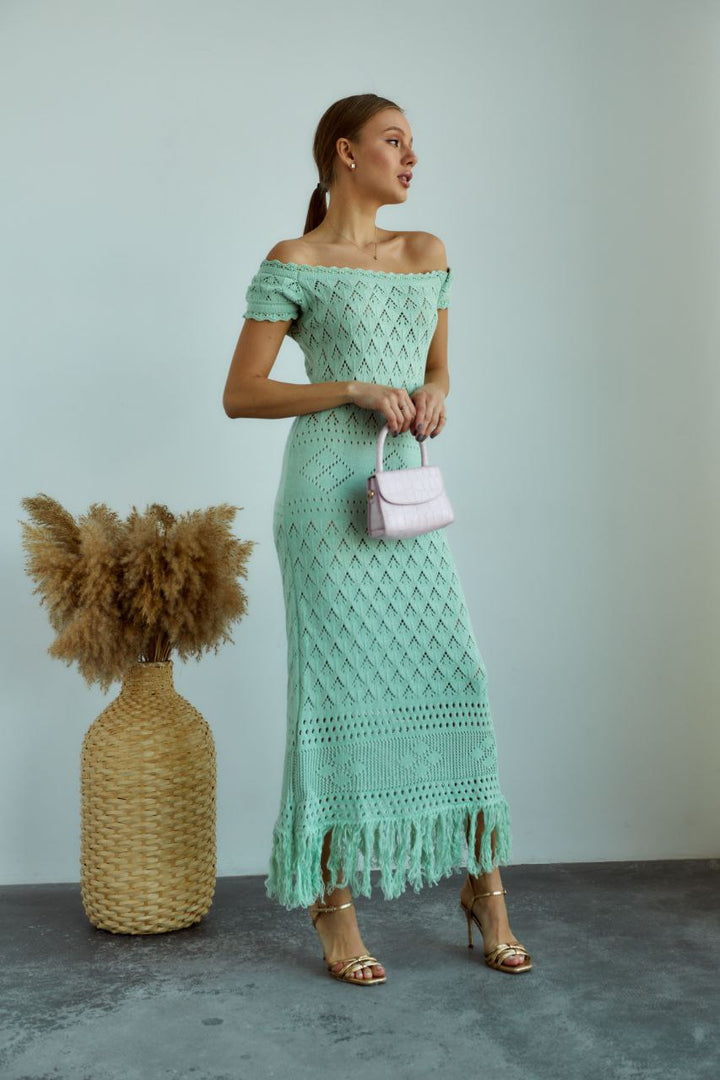 pistachio cotton dress a-line sheath bardot cap short midi for casual everyday front view