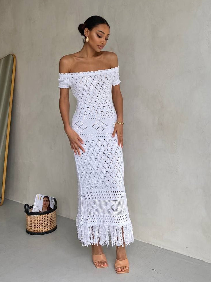 white cotton dress a-line sheath bardot cap short midi for casual everyday front view