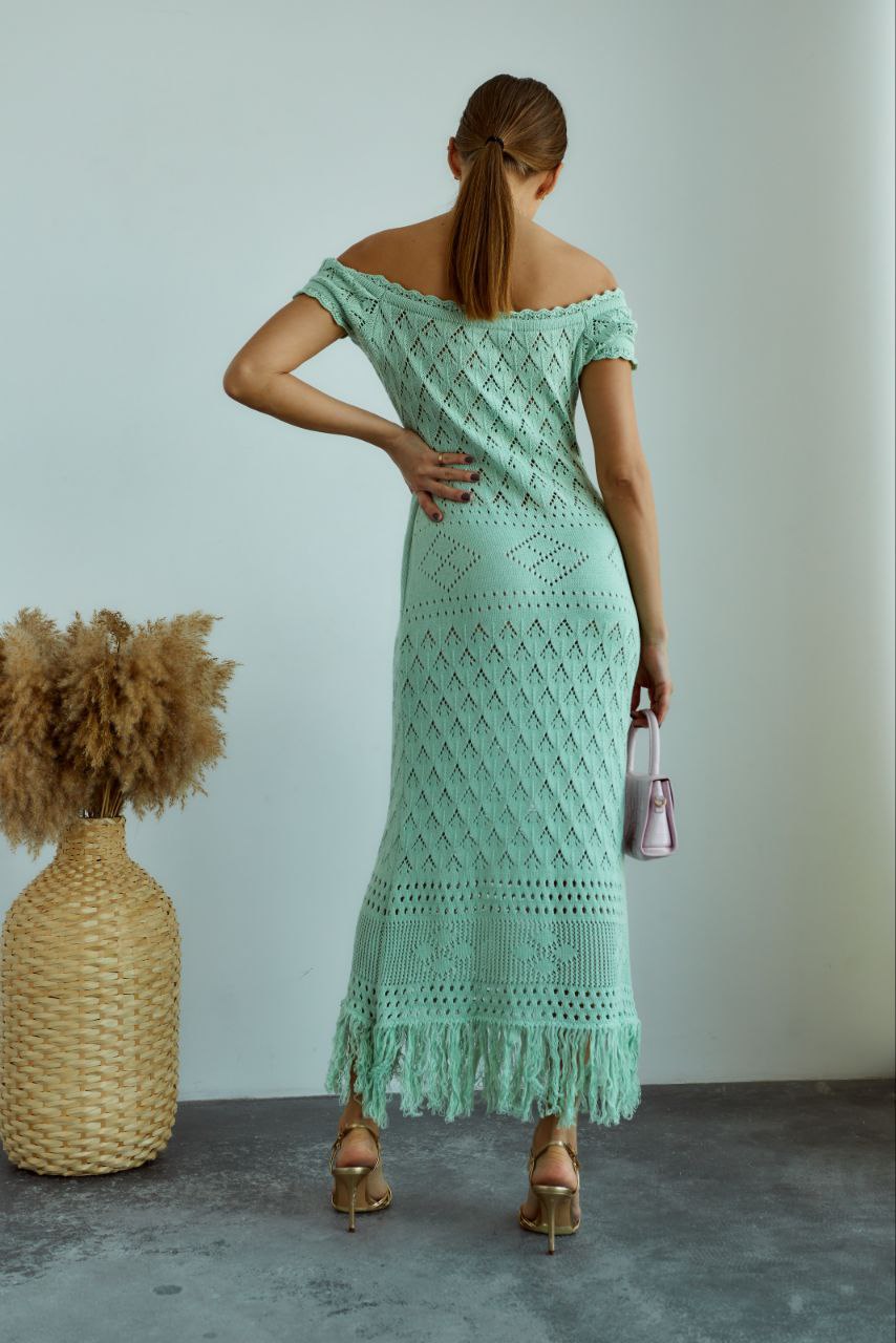 Boho Knit Midi Dress with Fringed Hem Pistachio