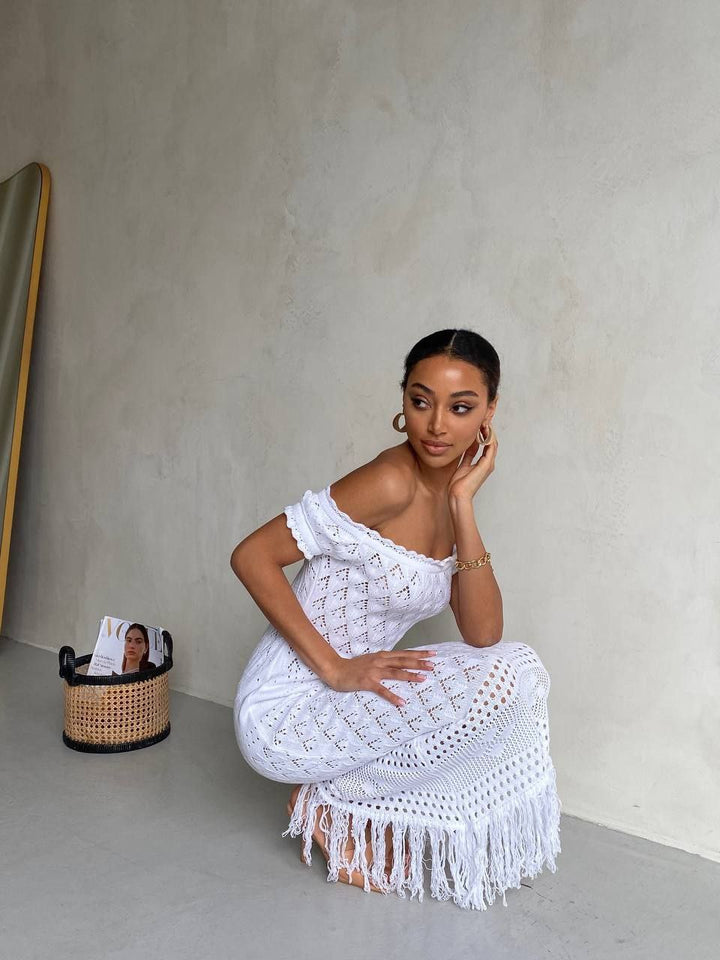 Boho Knit Midi Dress with Fringed Hem White