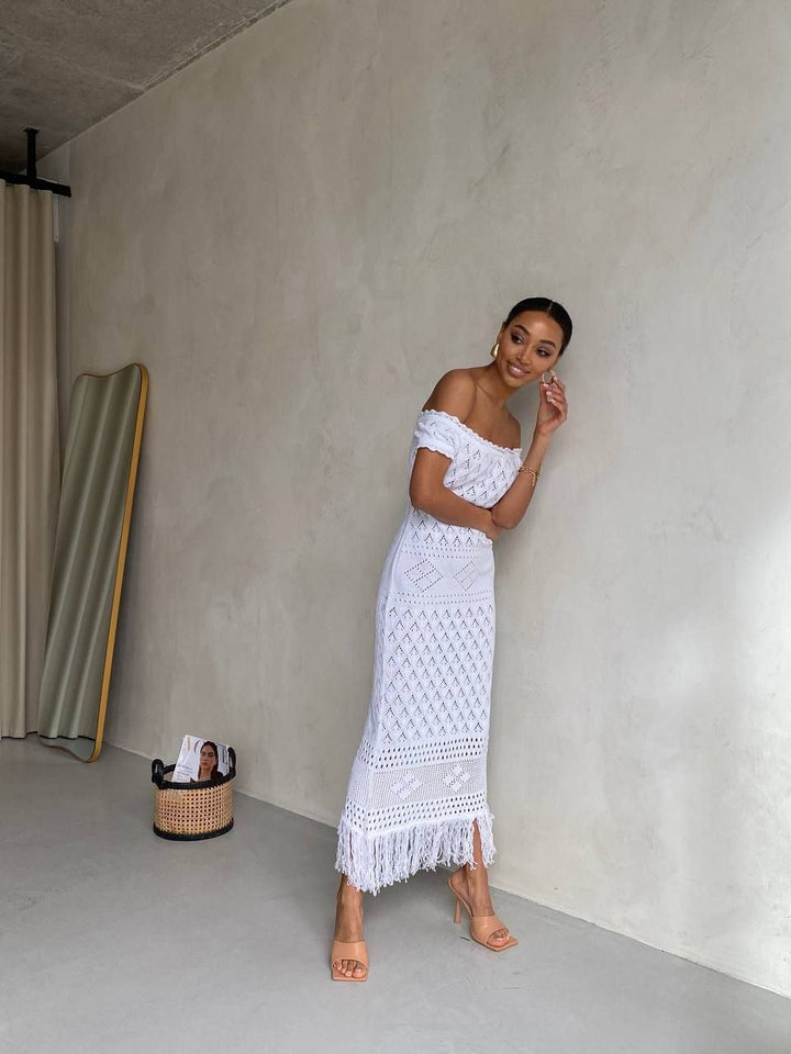 Boho Knit Midi Dress with Fringed Hem White