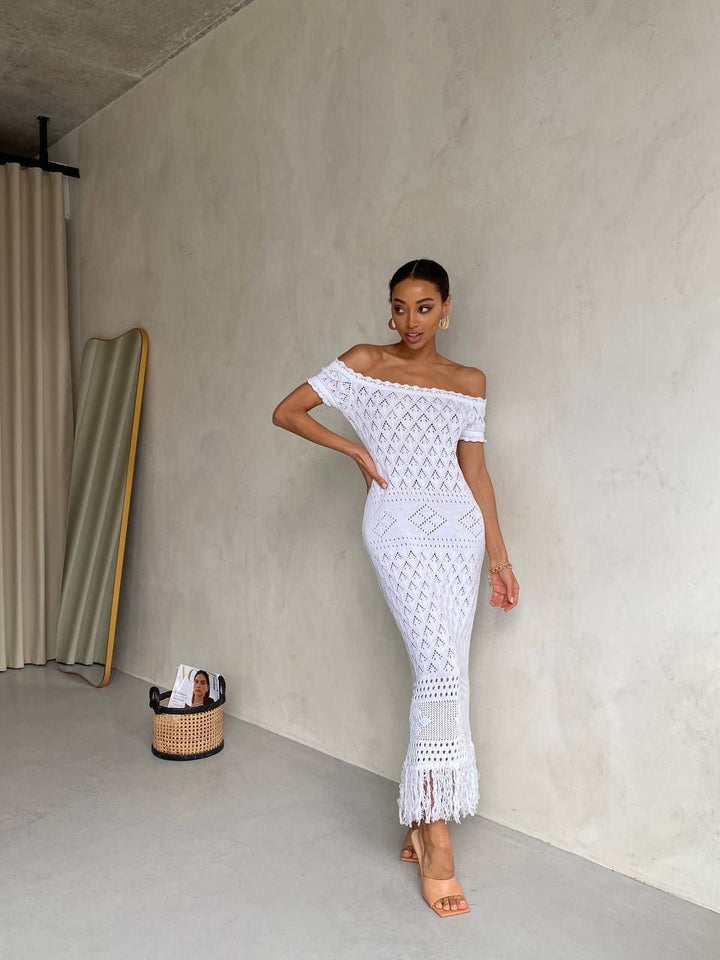 Boho Knit Midi Dress with Fringed Hem White