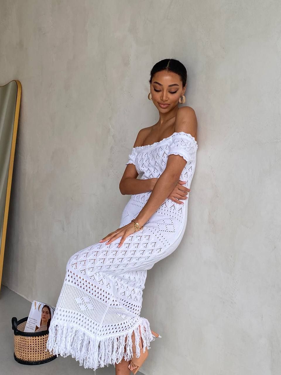 Boho Knit Midi Dress with Fringed Hem White