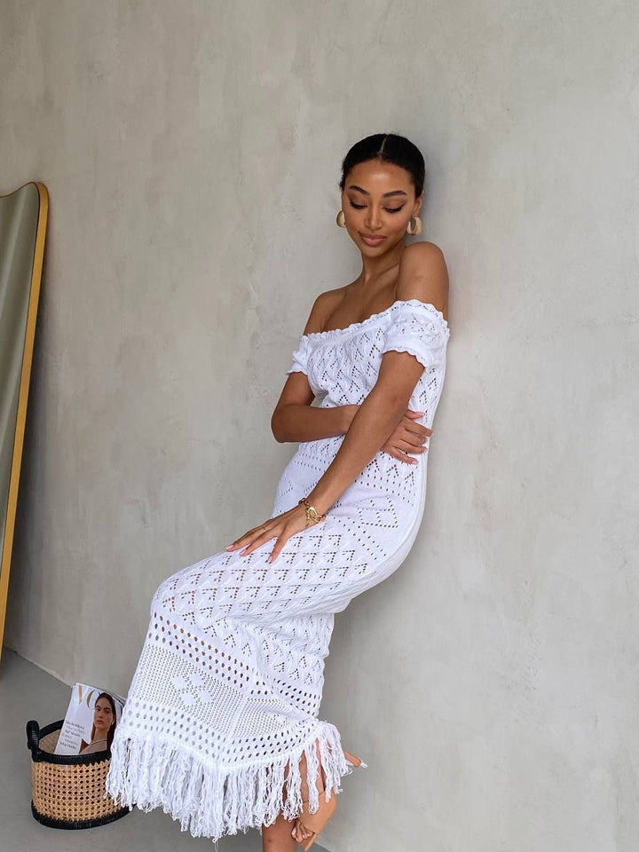 Boho Knit Midi Dress with Fringed Hem White