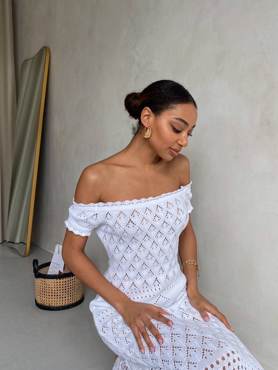 Boho Knit Midi Dress with Fringed Hem White