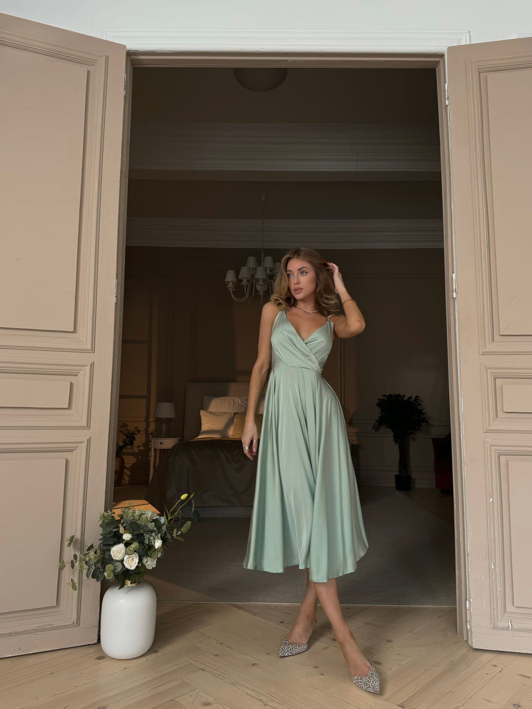 Pistachio green silk slip dress for spring or garden formal events