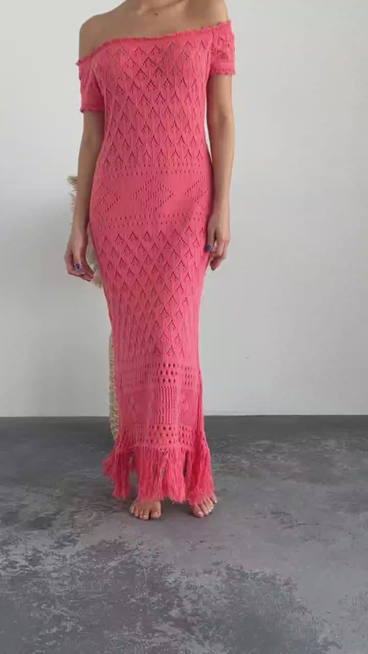 Boho Knit Midi Dress with Fringed Hem Coral