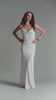 White silk maxi wedding dress with deep open back and spaghetti straps modelled in motion — EvolveUA