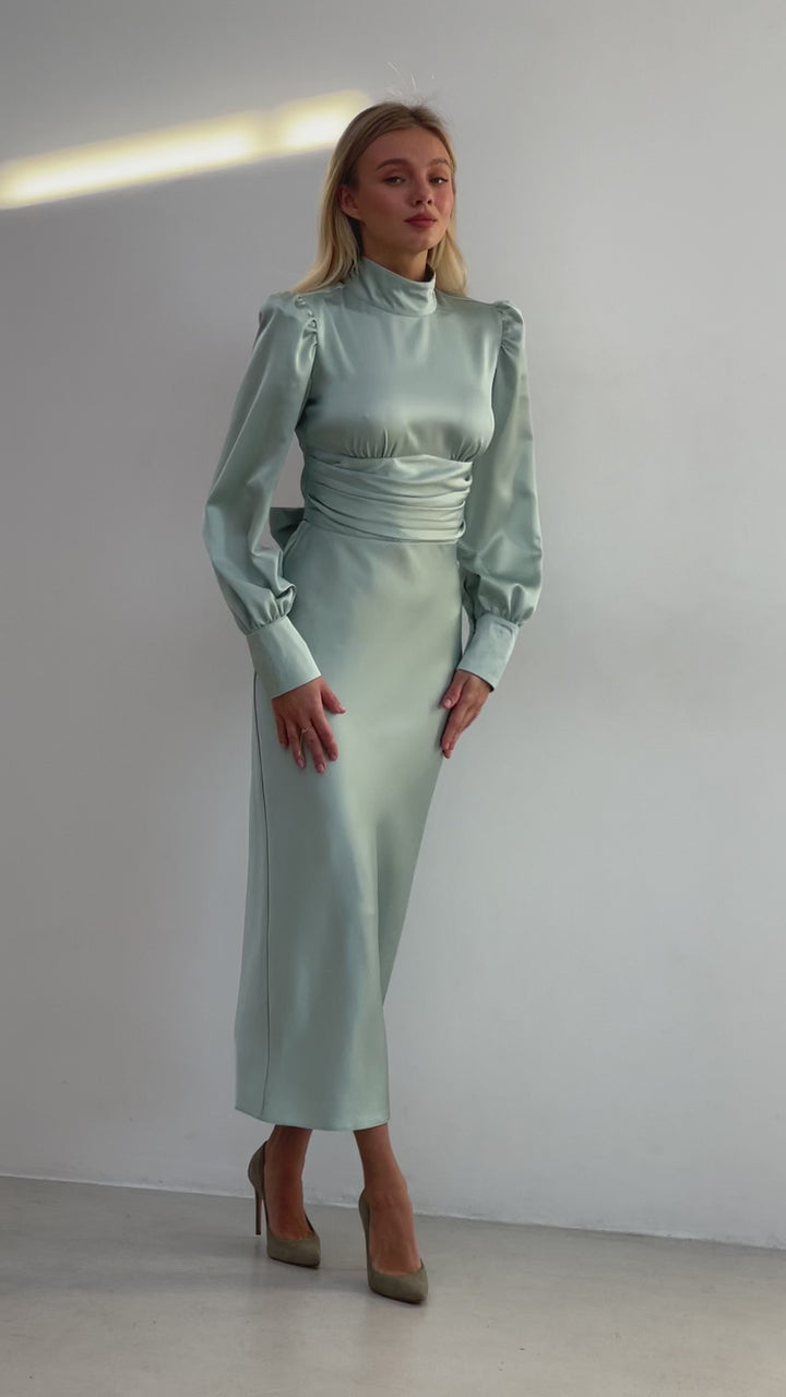 Raya Silk Open Back Dress Pistachio Green