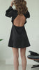 black satin mini open back dress with long sleeves for date night