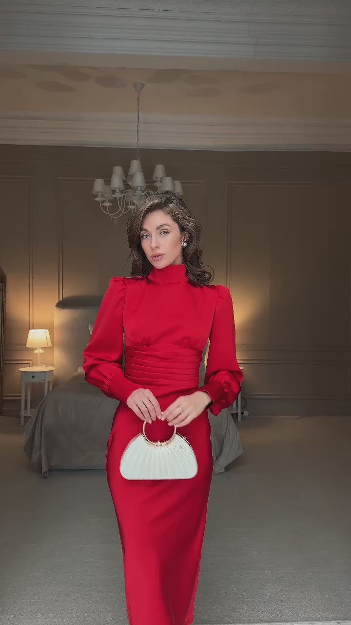 Red Satin Open Back Dress Long Sleeves