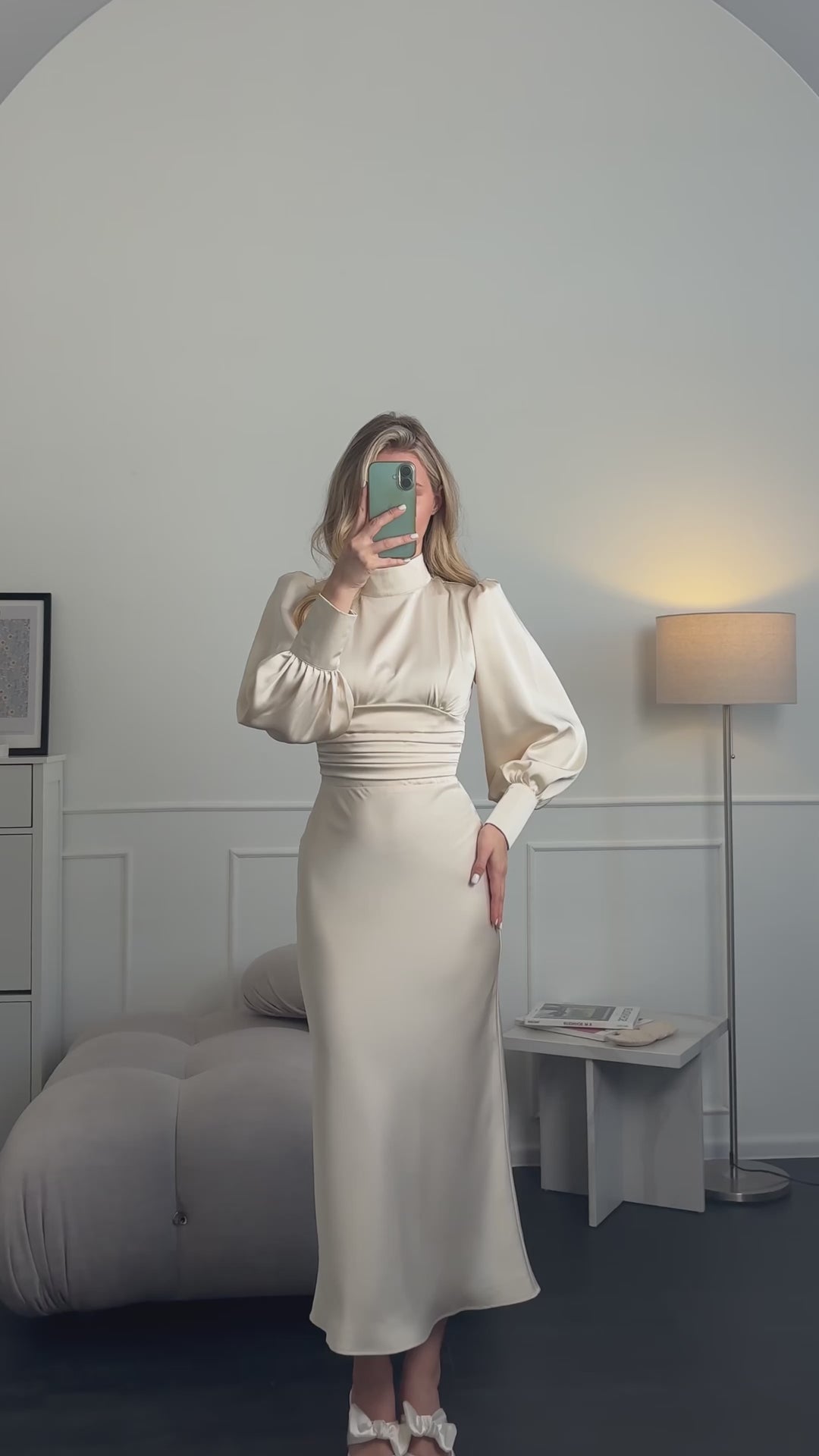 Elegant ivory satin midi dress with bow detail and fitted silhouette, perfect for civil wedding, elopement, or bridal shower outfit