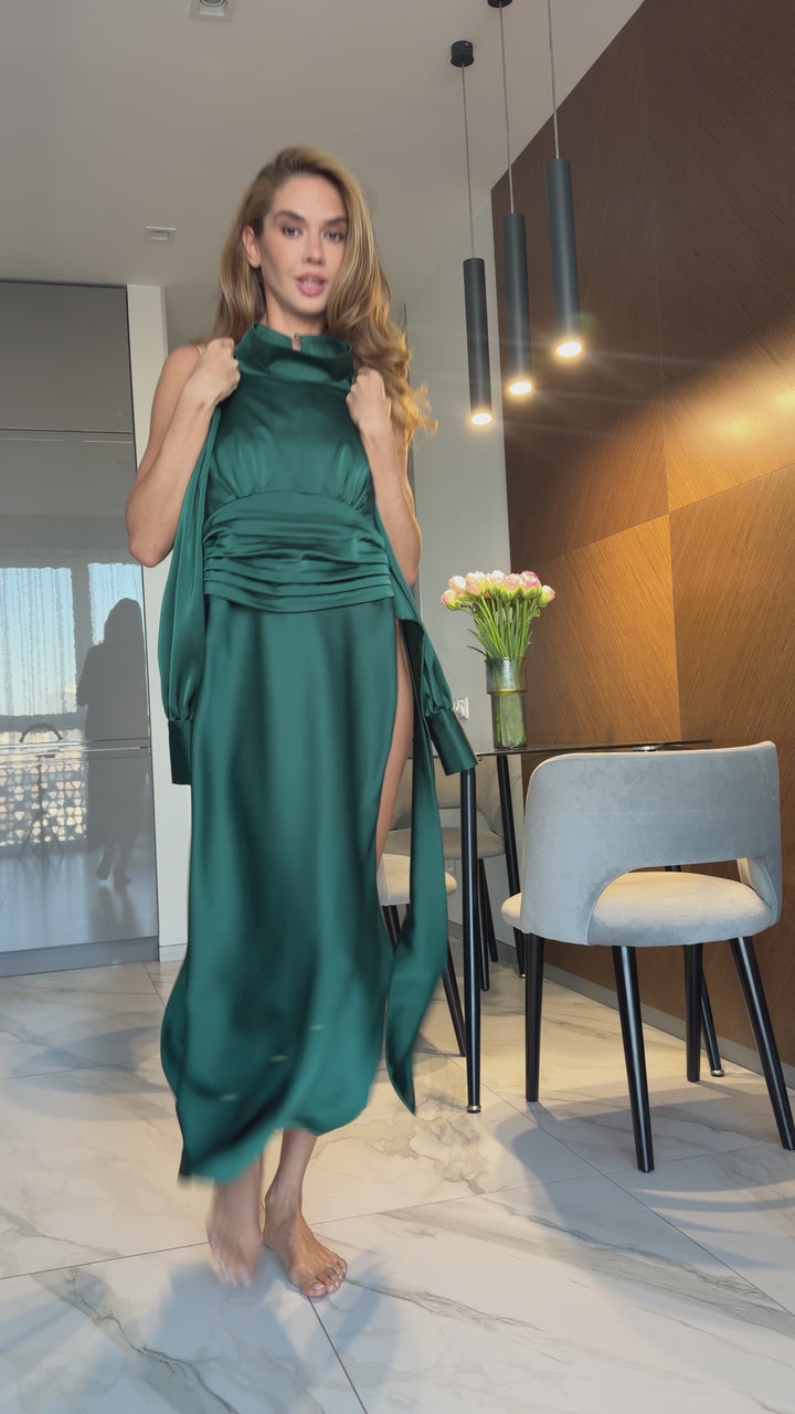 Zina Bow Tie Back Midi Dress Emerald Green