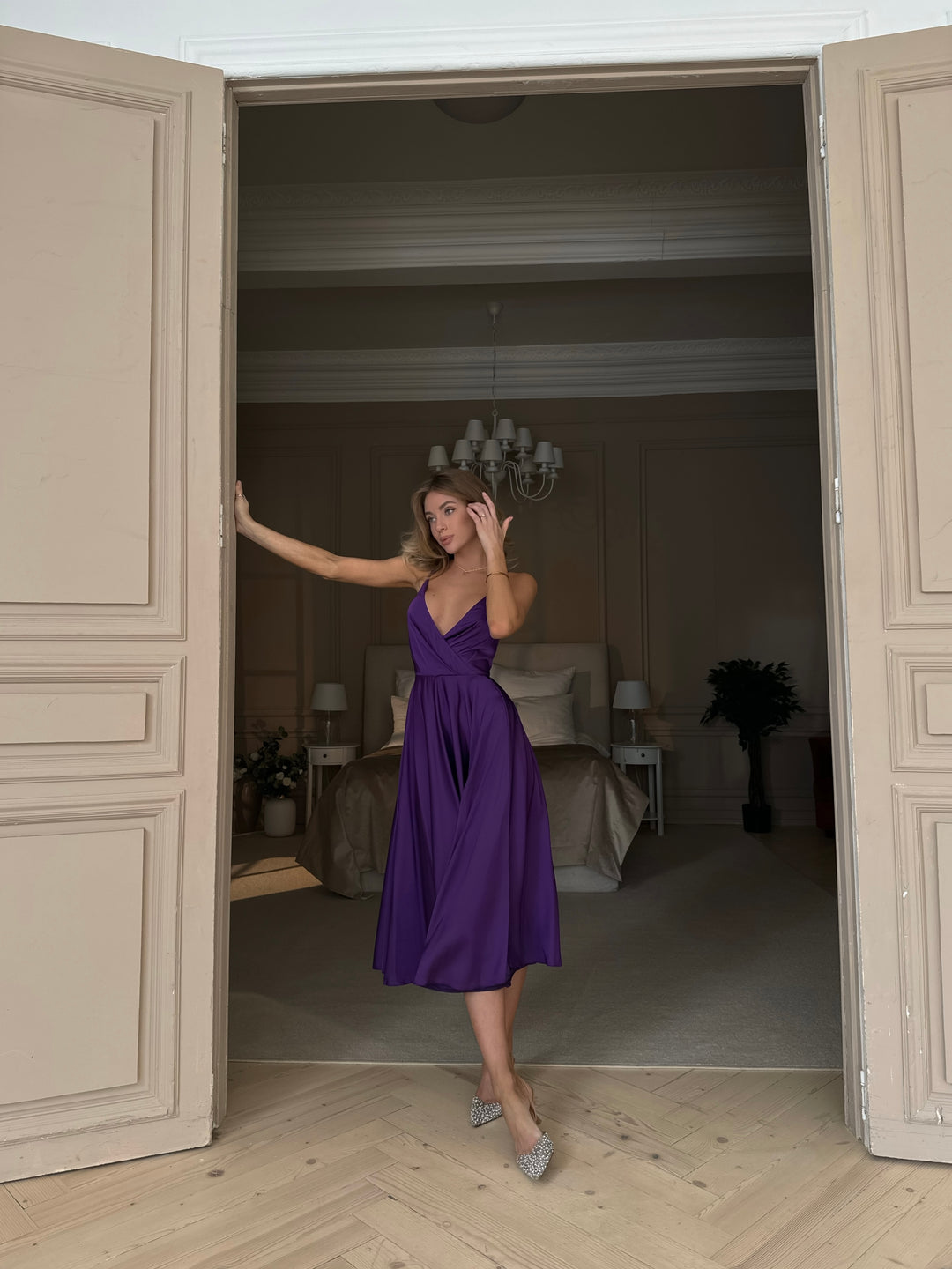 Full length purple silk slip dress for wedding guest or formal occasion