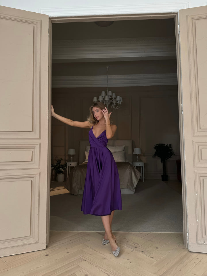 Full length purple silk slip dress for wedding guest or formal occasion