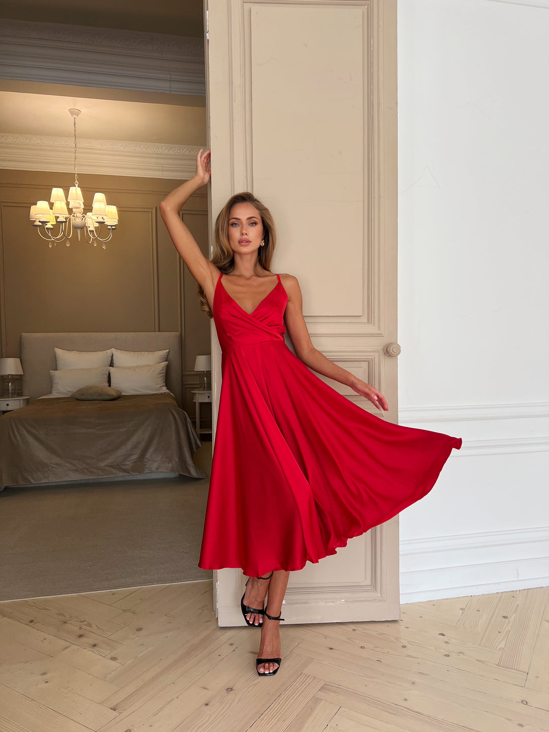 Red silk satin slip midi dress with deep V-neck and open bow back — front view, bridesmaids dress