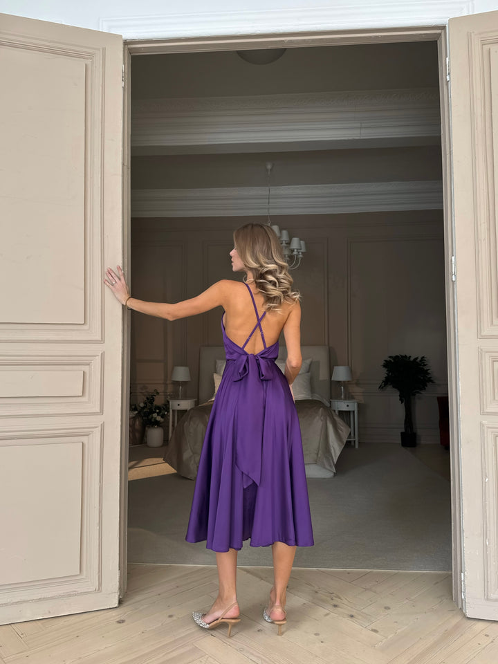 Rich purple silk midi dress for bridesmaids or cocktail party