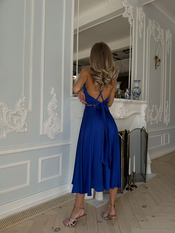 Royal blue silk slip dress — editorial full length styling shot
