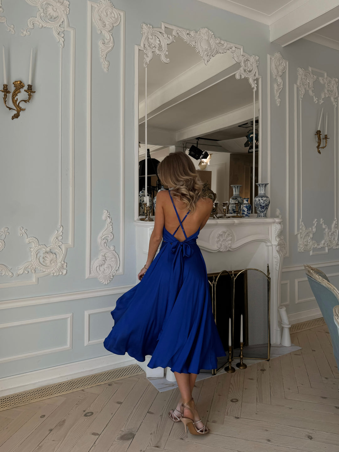 Deep blue silk slip dress for bridesmaid or formal celebration
