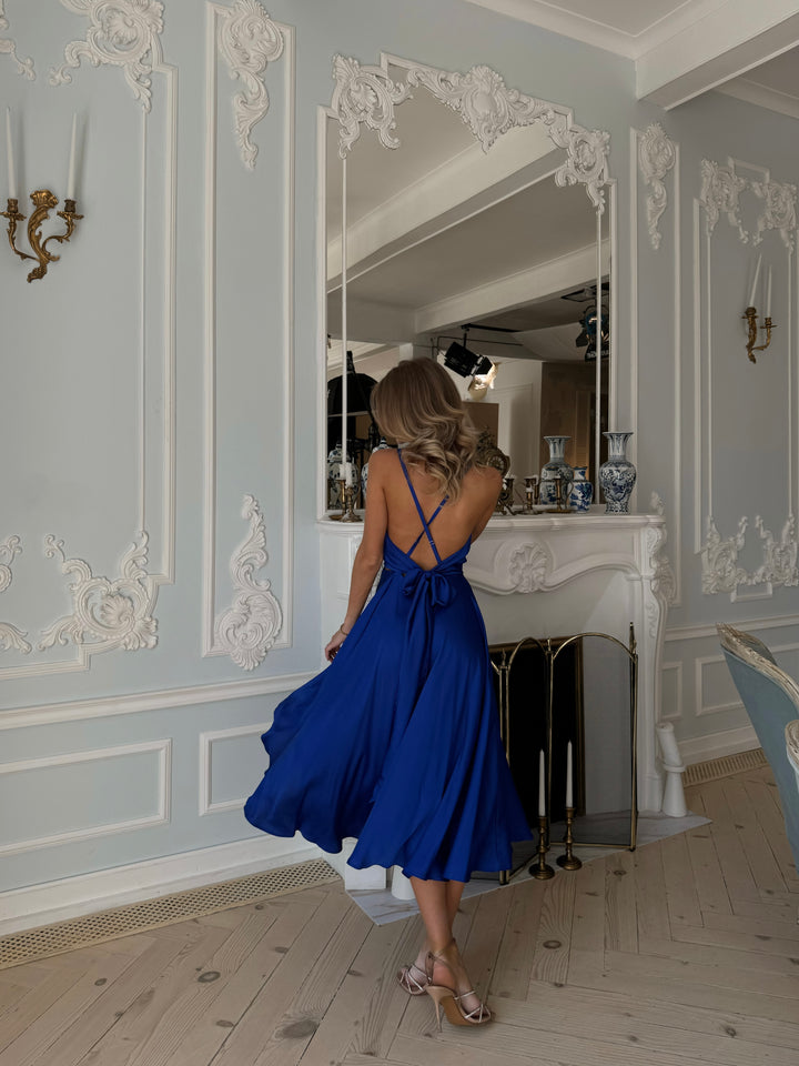 Deep blue silk slip dress for bridesmaid or formal celebration