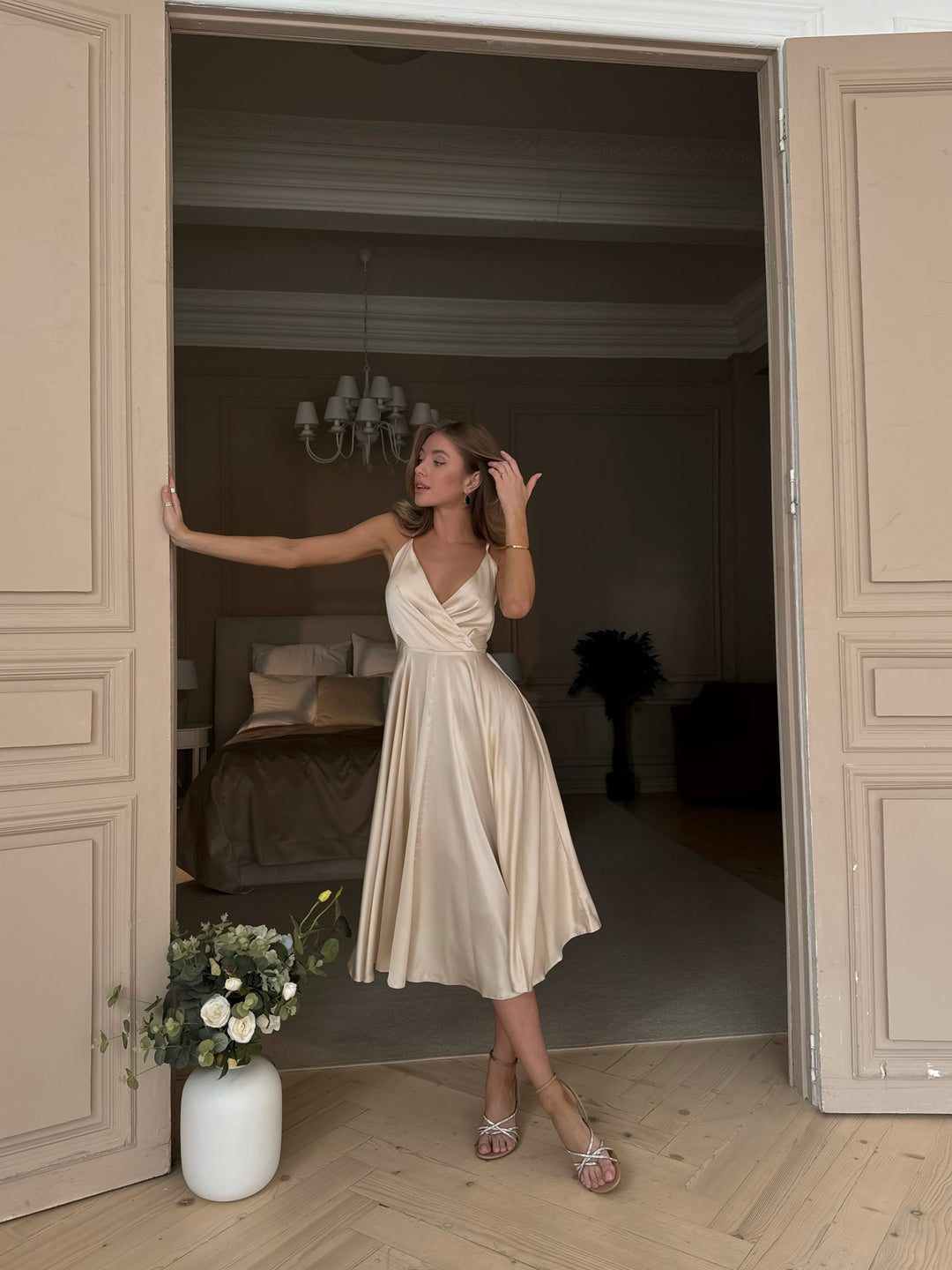 Full length vanilla cream silk midi dress for wedding guest or formal event
