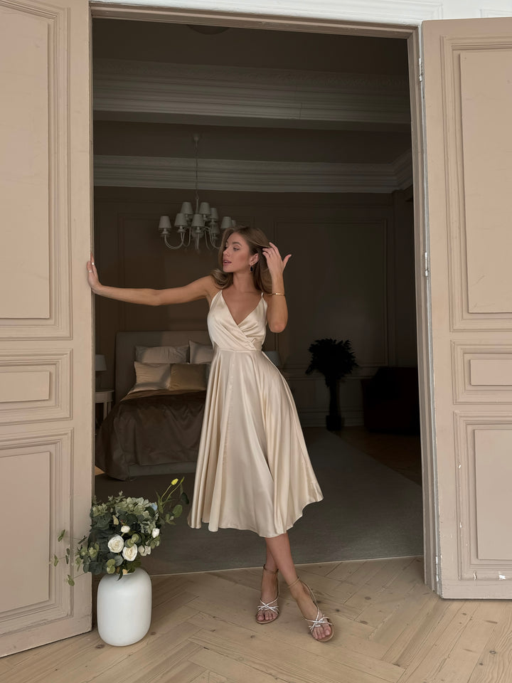 Full length vanilla cream silk midi dress for wedding guest or formal event