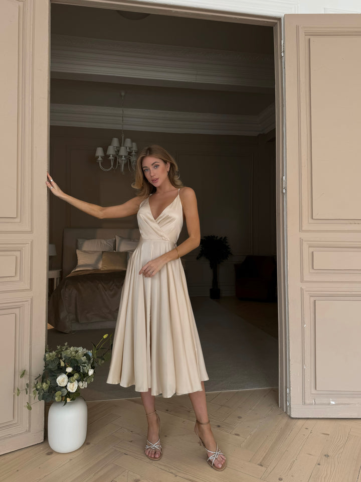 Vanilla silk satin midi dress for bridesmaid or bridal shower