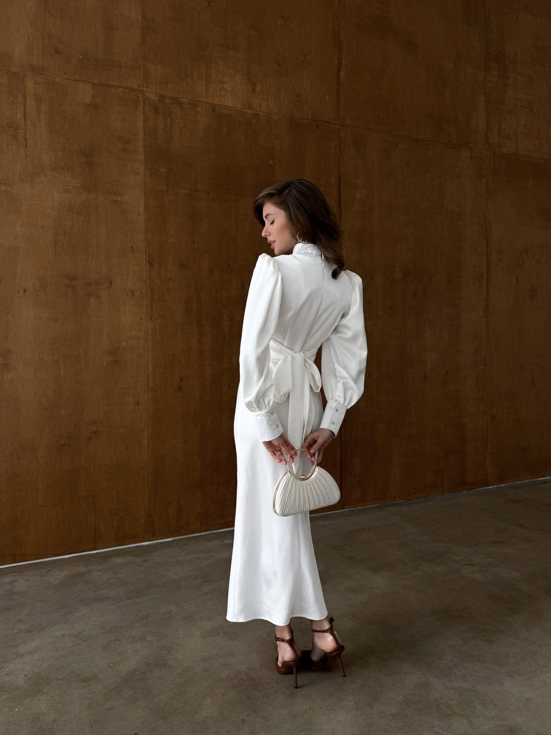 White satin midi dress with bow tie back — full length back