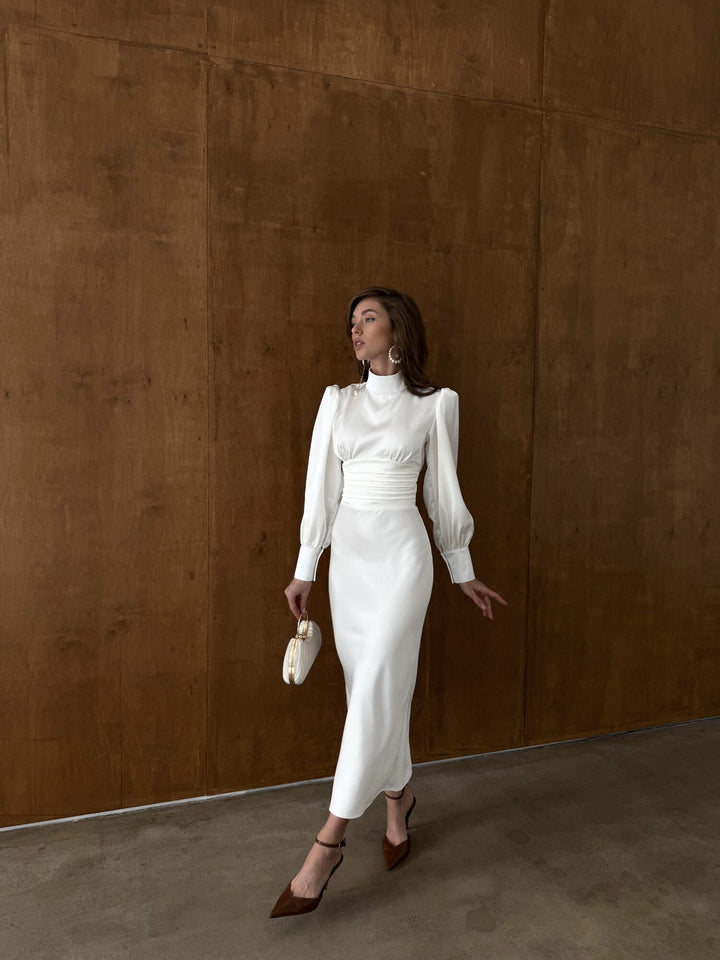 Full length white satin midi dress with fitted bodice and flowing midi skirt — front view