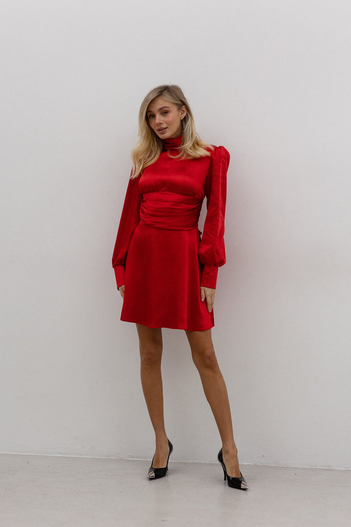 red silk polyester dress for wedding guest front view